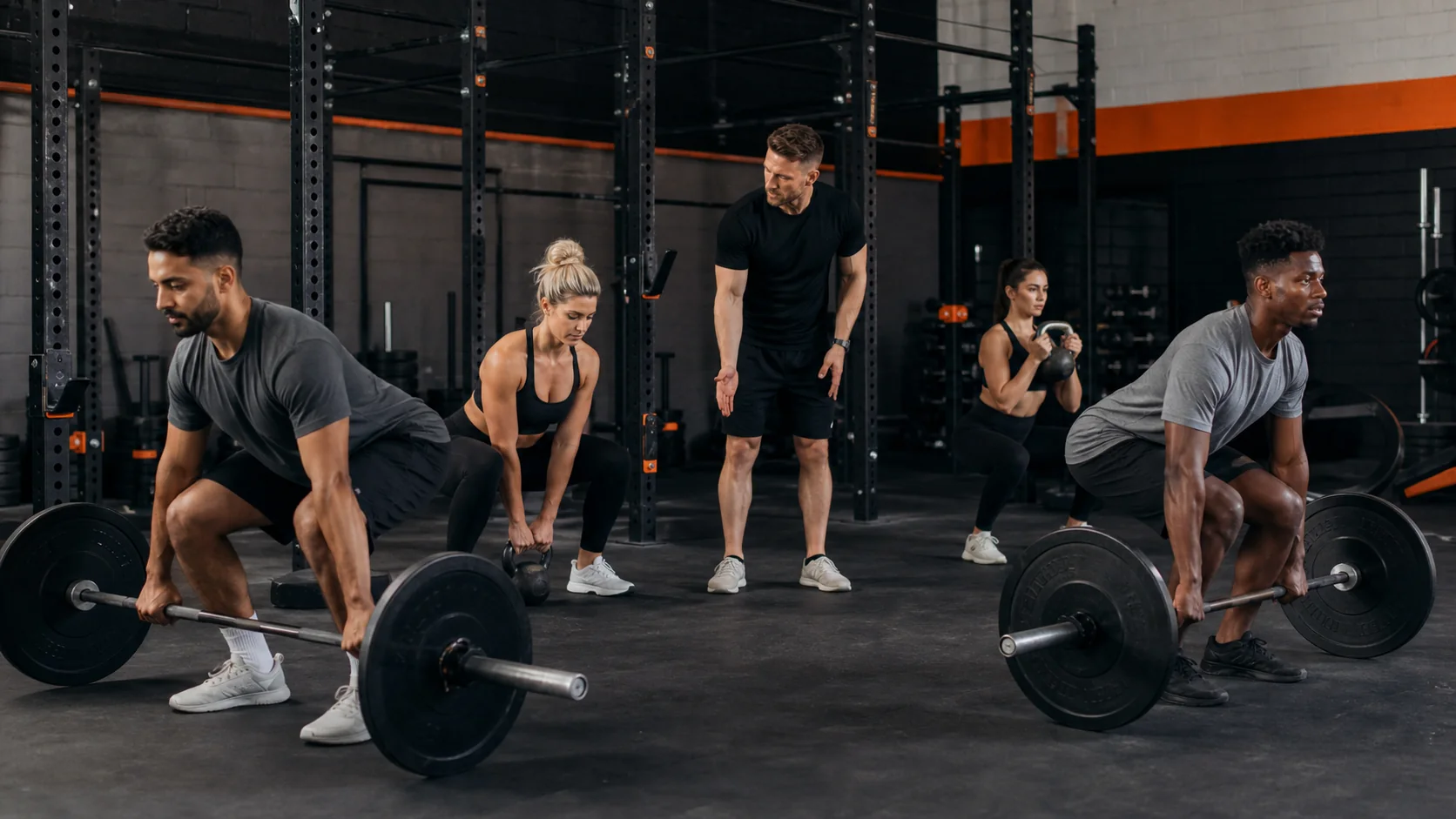 Coach guiding a small group through a strength-training session