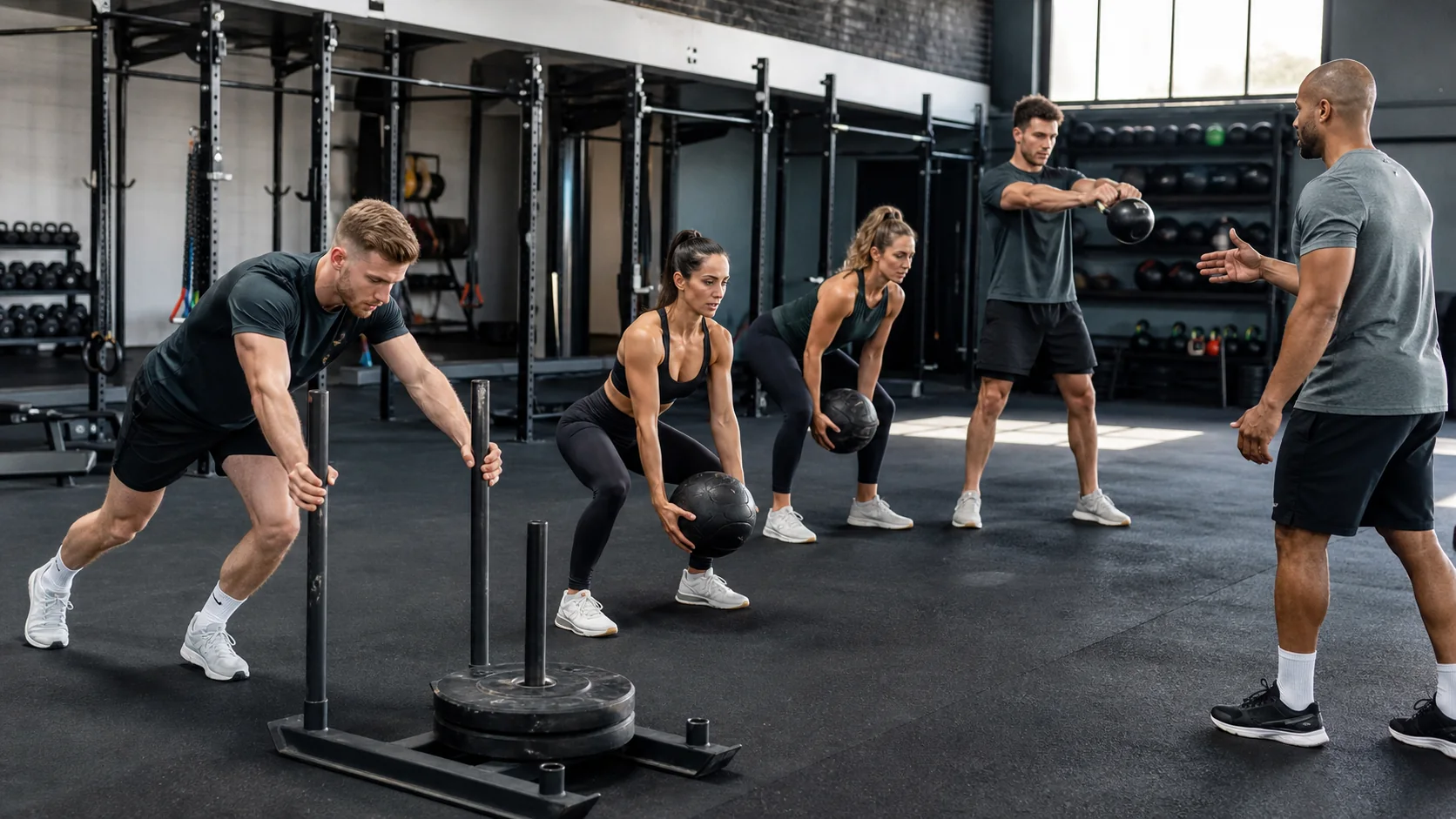 Small group completing a coached conditioning session in a gym
