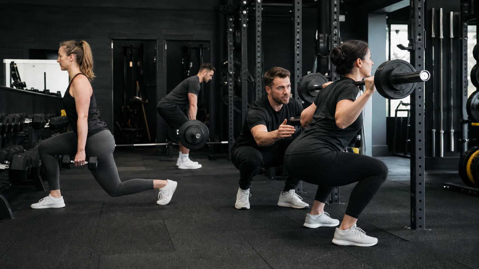 Coach giving technique guidance during a small-group strength session